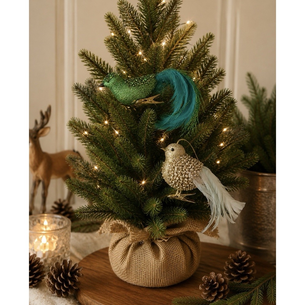 VTG Bird Ornaments Set 2 Clip On Glitter Feather Tail Gold Green Christmas‎ F/W